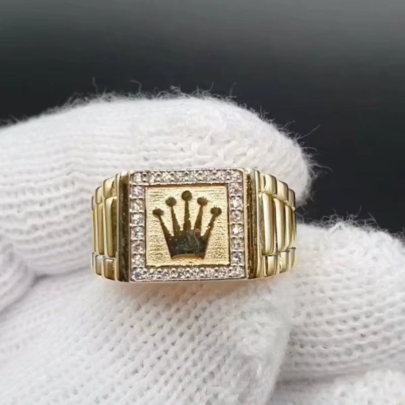 Europe and the United States Retro Inlaid Shiny Zircon Drip Oil Crown Pattern Gold Colour Ring Men'S Luxury Glamour Accessories