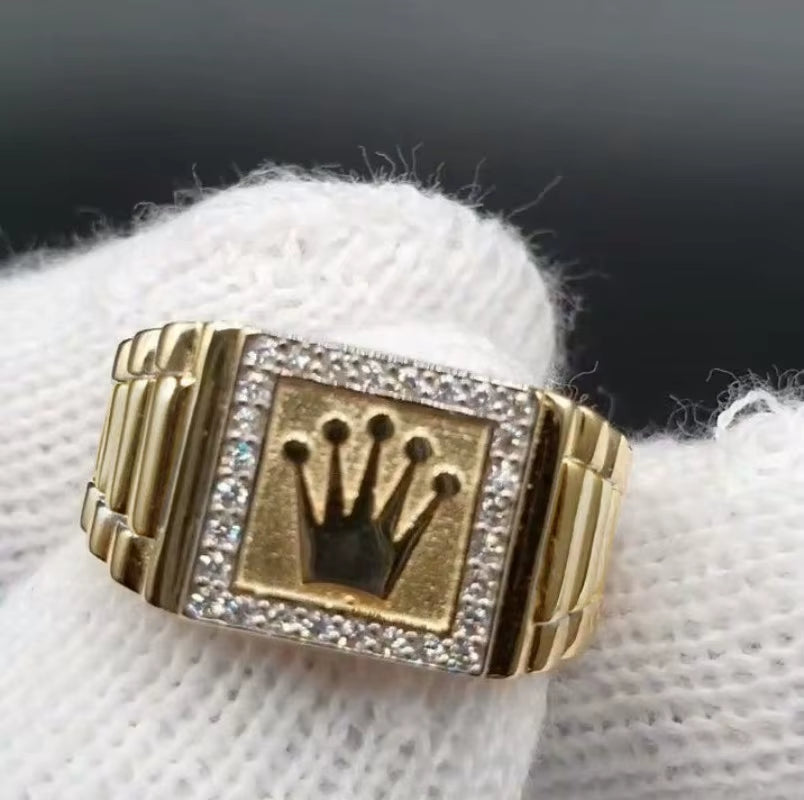 Europe and the United States Retro Inlaid Shiny Zircon Drip Oil Crown Pattern Gold Colour Ring Men'S Luxury Glamour Accessories