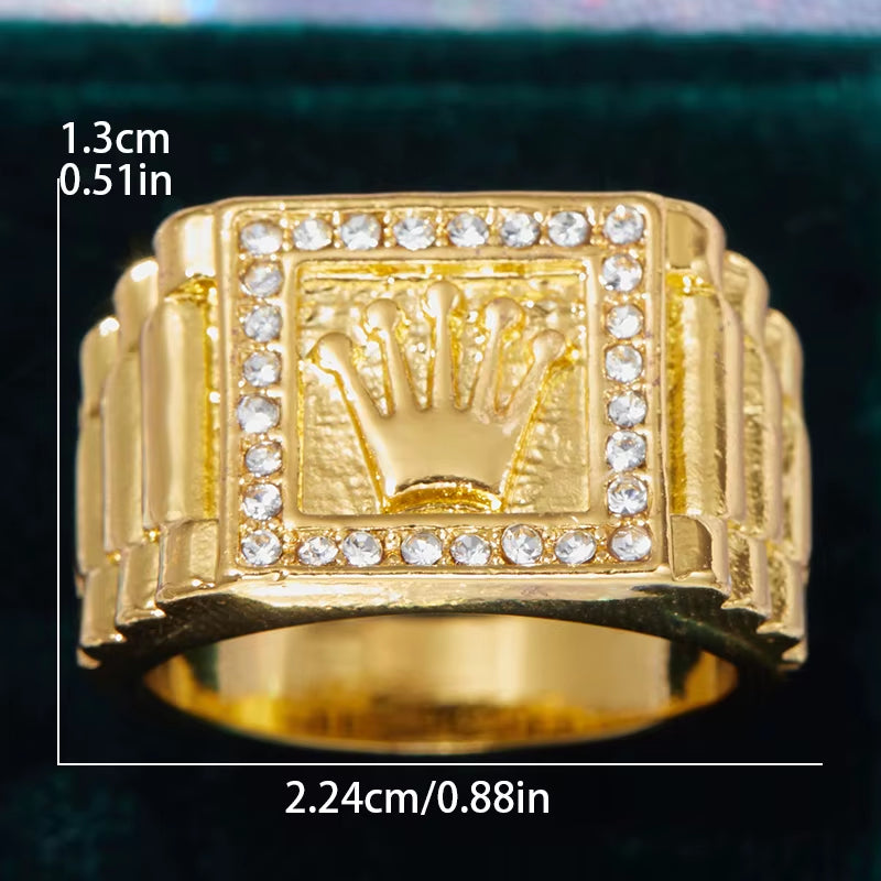 Europe and the United States Retro Inlaid Shiny Zircon Drip Oil Crown Pattern Gold Colour Ring Men'S Luxury Glamour Accessories